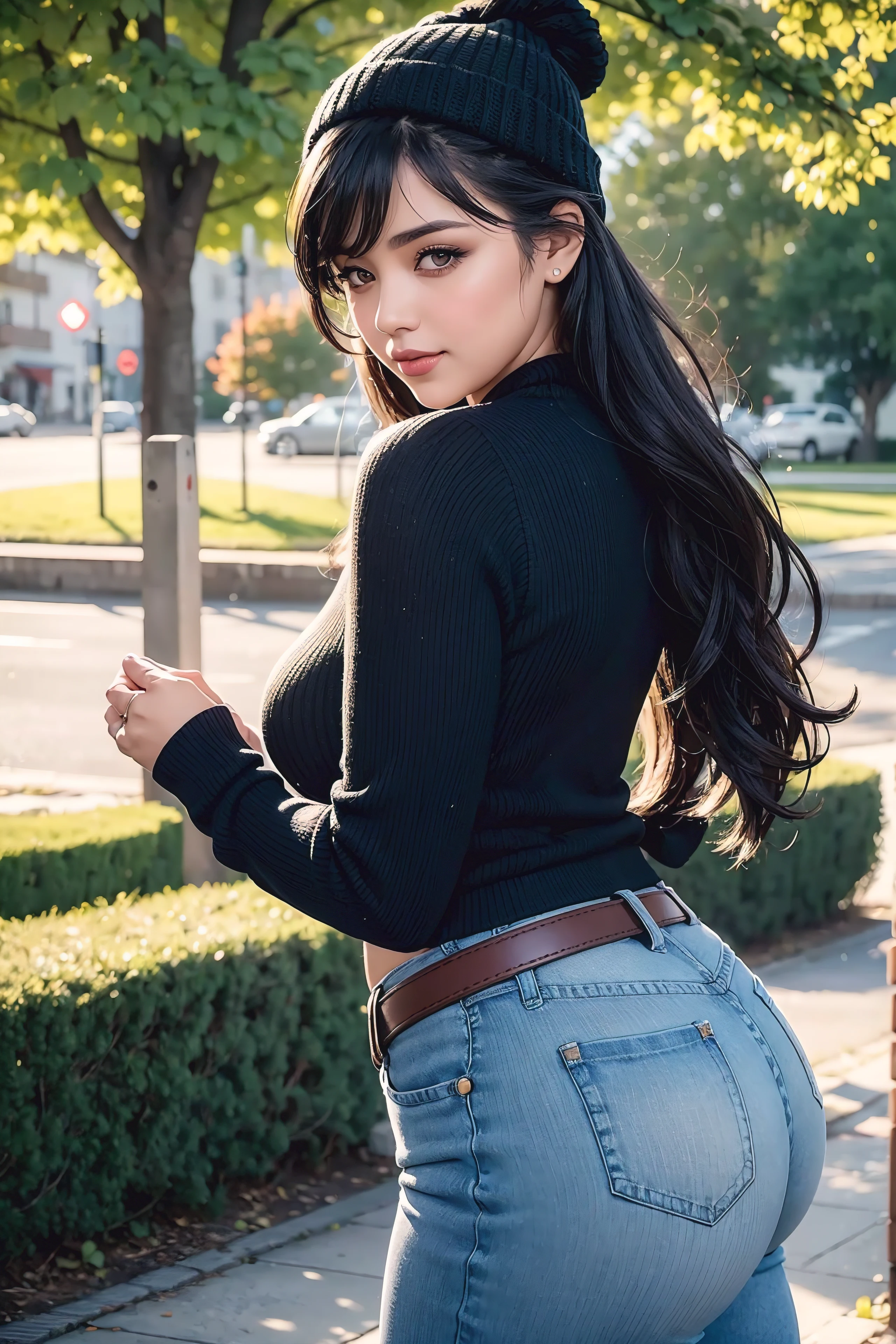 Beautiful sensual and erotic woman with a curvy body, long full black hair, bangs, french braid, widest waist, thicc, beautiful fitting breasts, curvy accentuated booty, detailed sparkling eyes, long eyelashes, light smile, thick thighs, Strong calves, taniaayusiregar, She wears a black Pullover and blue jeans with a belt, beige beanie, she walks in a park in Fall season, having fun, walks towards the viewer, trees and old buildings far in background, she looks conspirational, Pullover is black, photorealistic, Masterpiece, bokeh, Volumetric lighting, sensual atmosphere, close up shot