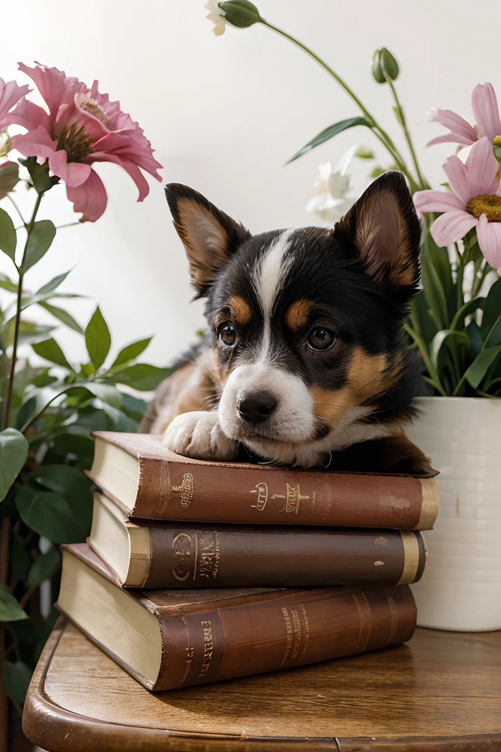 a puppy sitting on a book with flowers and a book, aww, cute detailed, cute dog, curled up on a book, beautifully