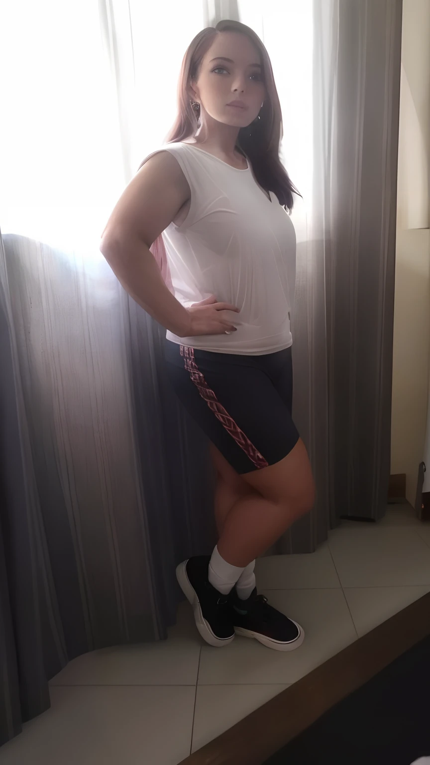 Woman standing in front of a window with her hands on her hips, foto fit, imagem de corpo inteiro, pose lateral, vestindo bermuda e camiseta, de bermuda, coxas grandes, Posar e flexionar, tiro de corpo inteiro, posando pronto para uma luta, legs visible, low quality video, wearing shorts, Pose frontal, pernas grossas, foto da roupa, Coxas