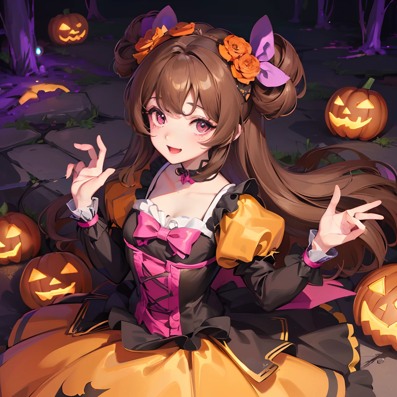 Masterpiece, best quality, (very detailed CG unity 8k wallpaper) (best quality), (best illustration), (best shadows) girl with brown hair, halloween, halloween vibe, pripara looks like, cute, costume, super detailed  pripara vibe --v6