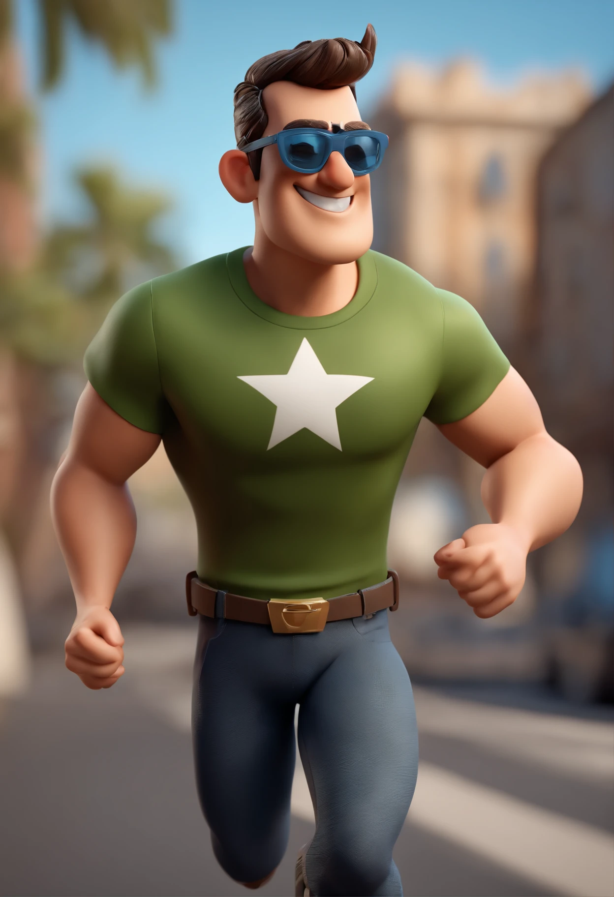 Cartoon character of a man running with black sunglasses and a black t-shirt written "Space League", animation character, Caractere estilizado, animation style rendering, 3D estilizado, Arnold Maya render, 3 d render stylized, toon render keyshot, Personagem 3D, Personagem 3D, 3d rendering stylized, 3 d character render, personagem de desenho animado, Personagem de close up, Pose de personagem correndo, (Estilo Pixar) (master part:1.2) (Bokeh) (best quality) (pele detalhada) (textura detalhada) (8k) (argila) (Cinematic lighting) (foco nítido