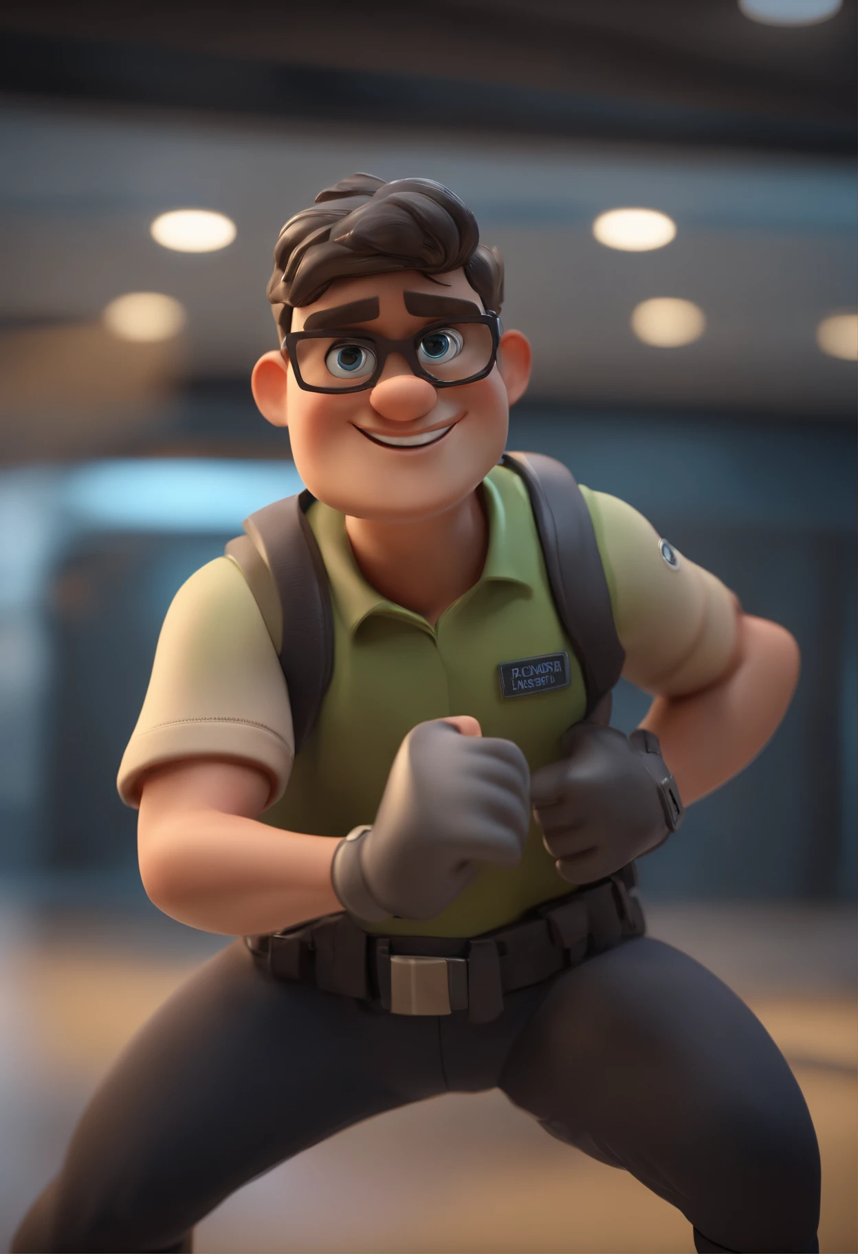Cartoon character of a man running with black sunglasses and a black t-shirt written "Space League", animation character, Caractere estilizado, animation style rendering, 3D estilizado, Arnold Maya render, 3 d render stylized, toon render keyshot, Personagem 3D, Personagem 3D, 3d rendering stylized, 3 d character render, personagem de desenho animado, Personagem de close up, Pose de personagem correndo, (Estilo Pixar) (master part:1.2) (Bokeh) (best quality) (pele detalhada) (textura detalhada) (8k) (argila) (Cinematic lighting) (foco nítido