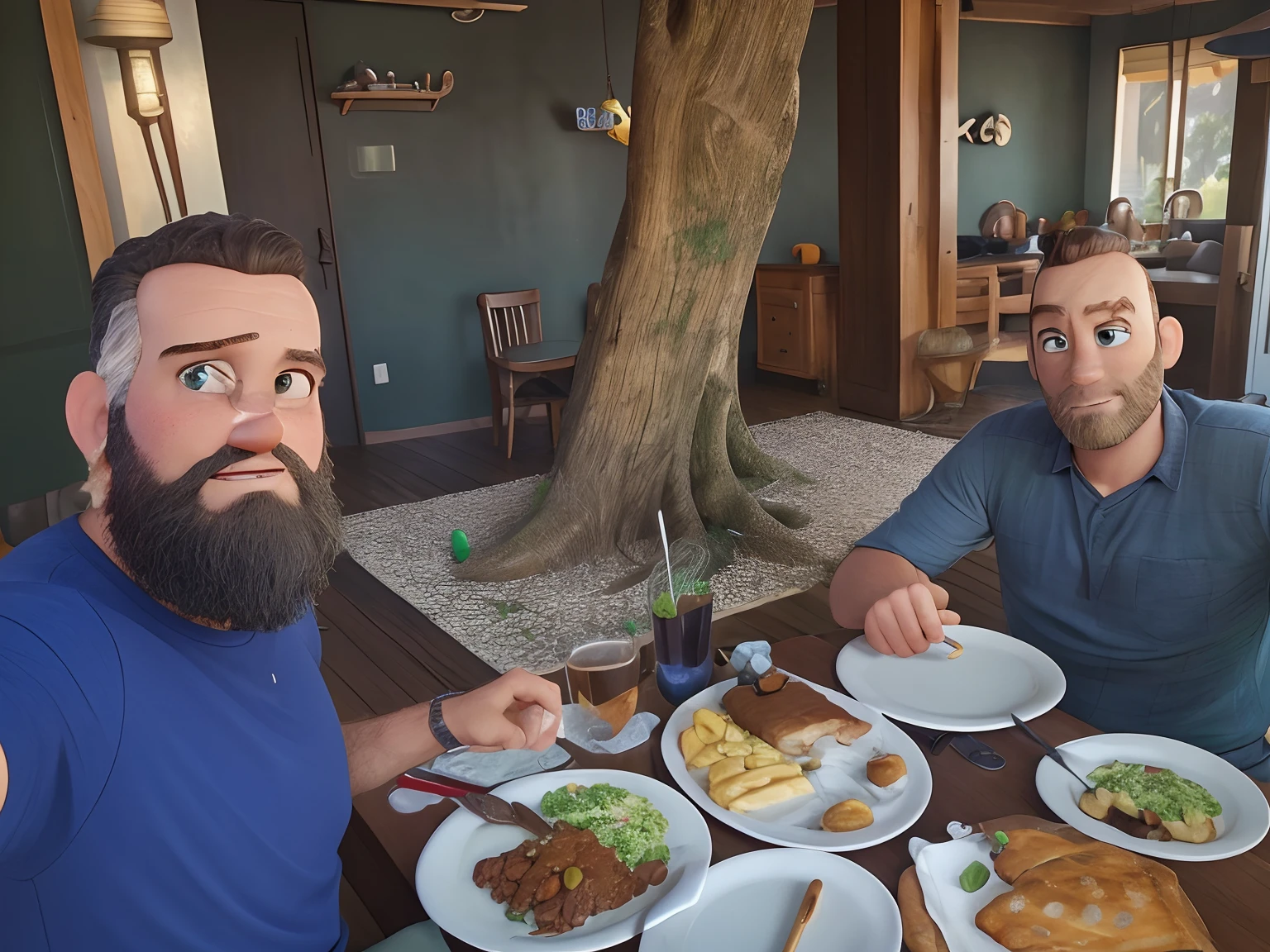 Make it Pixar style/disney dois homens almocando. Do lado esquerdo um homem barbudo de olhos verdes. Do lado direito um homem careca, pequena barba