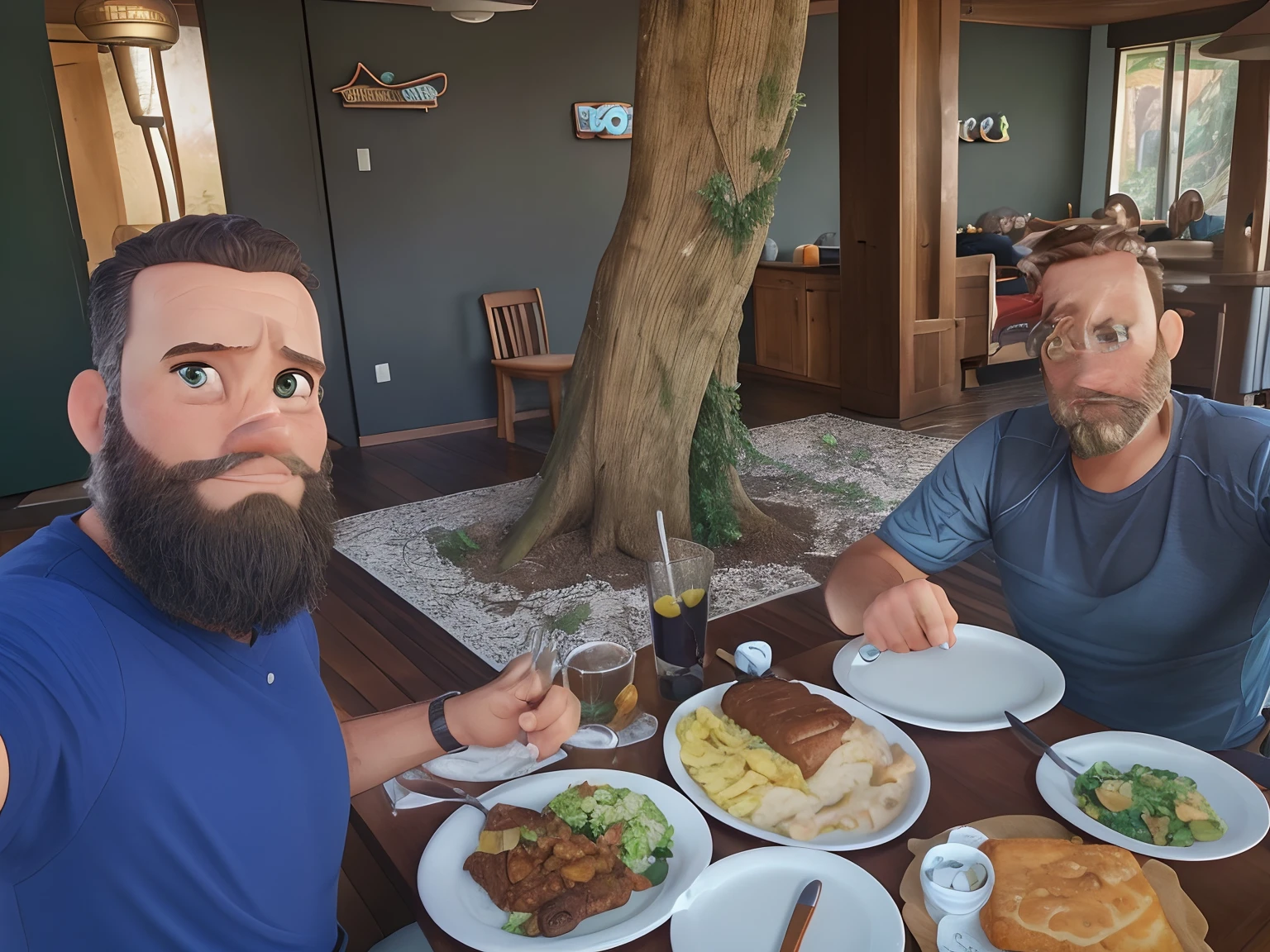 Make it Pixar style/disney dois homens almocando. Do lado esquerdo um homem barbudo de olhos verdes. Do lado direito um homem careca, pequena barba