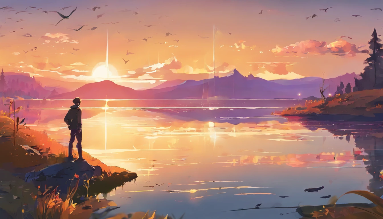 High quality, Highly detailed, 8K Ultra HD, 1 boy, style cartoon,lake scene, The sun sets over the horizon, casting a warm, Golden glow, Feeling lonely, sad mood, Awesome full color