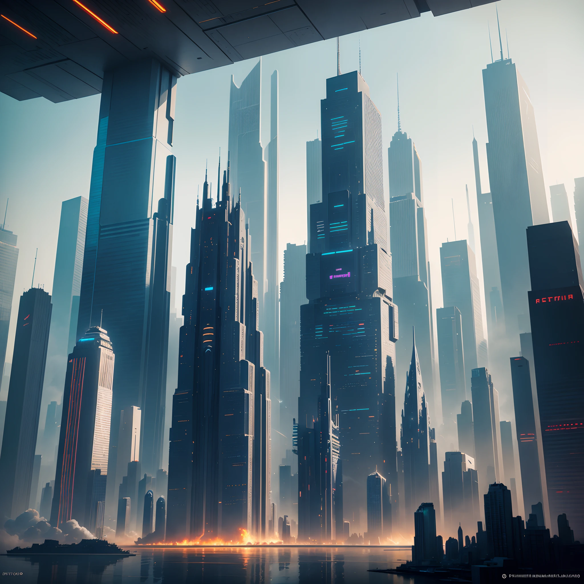 A futuristic city with skyscrapers,A cyberpunk futuristic city depicted with overwhelming power and scale,SFart by,planet earth,超A high resolution、A building far beyond the imagination of mankind,Constructs,SFFantasia,