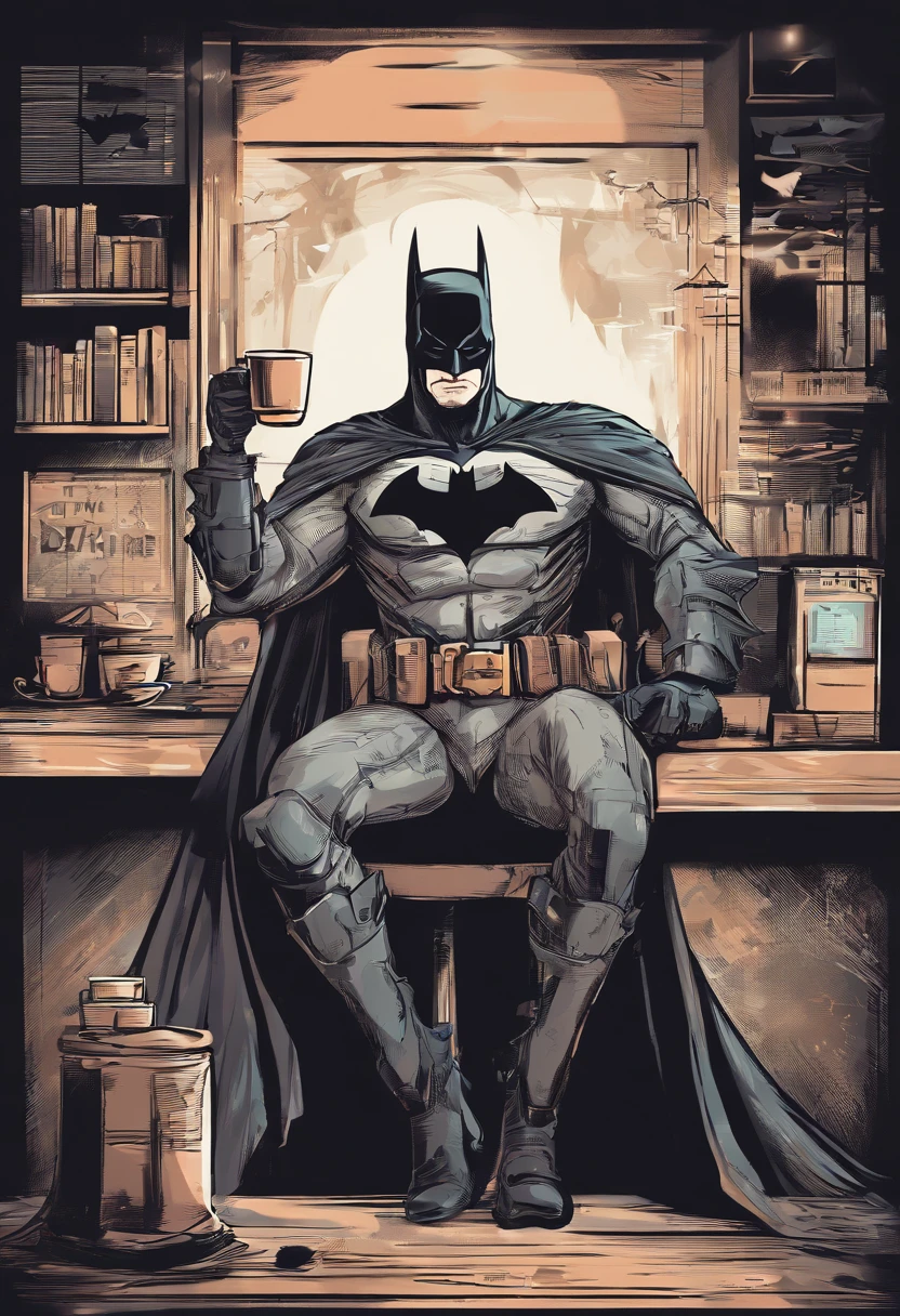 Batman fumando um charuto,and with a steaming mug of coffee in hand, Ultra realista, sentado em uma poltrona, cenario uma sala escura combria com batsinal aoarecendo pelas grades de uma janela atras dele