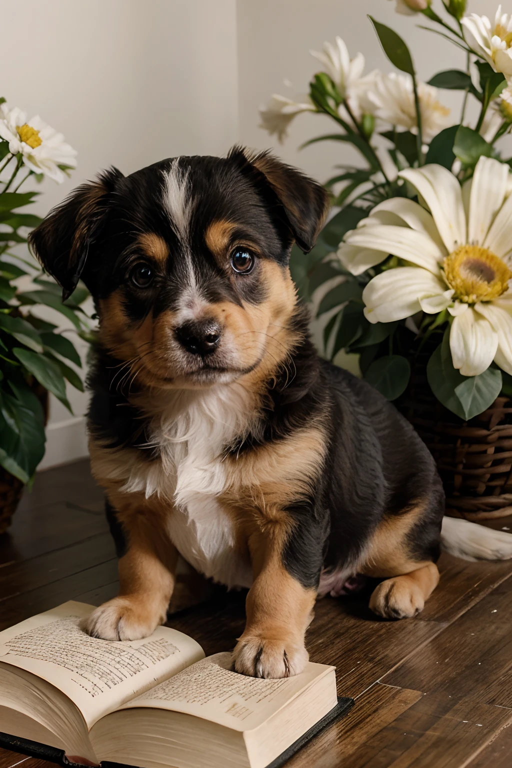 a puppy sitting on a book with flowers and a book, aww, cute detailed, cute dog, curled up on a book, beautifully