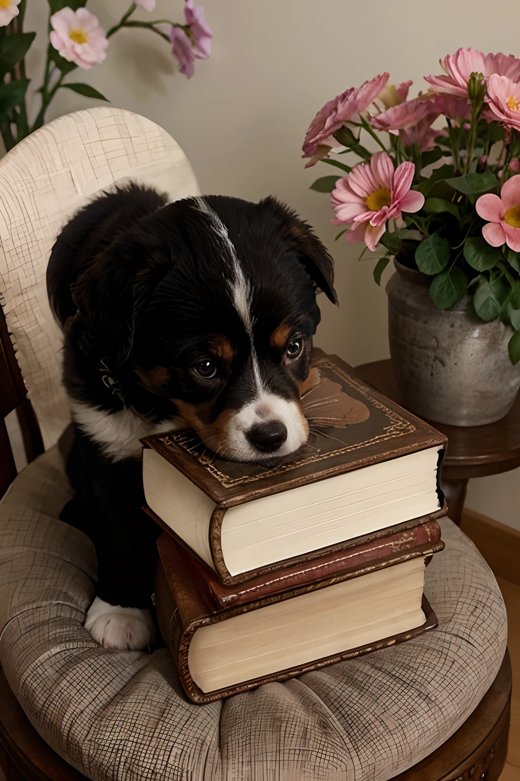 a puppy sitting on a book with flowers and a book, aww, cute detailed, cute dog, curled up on a book, beautifully