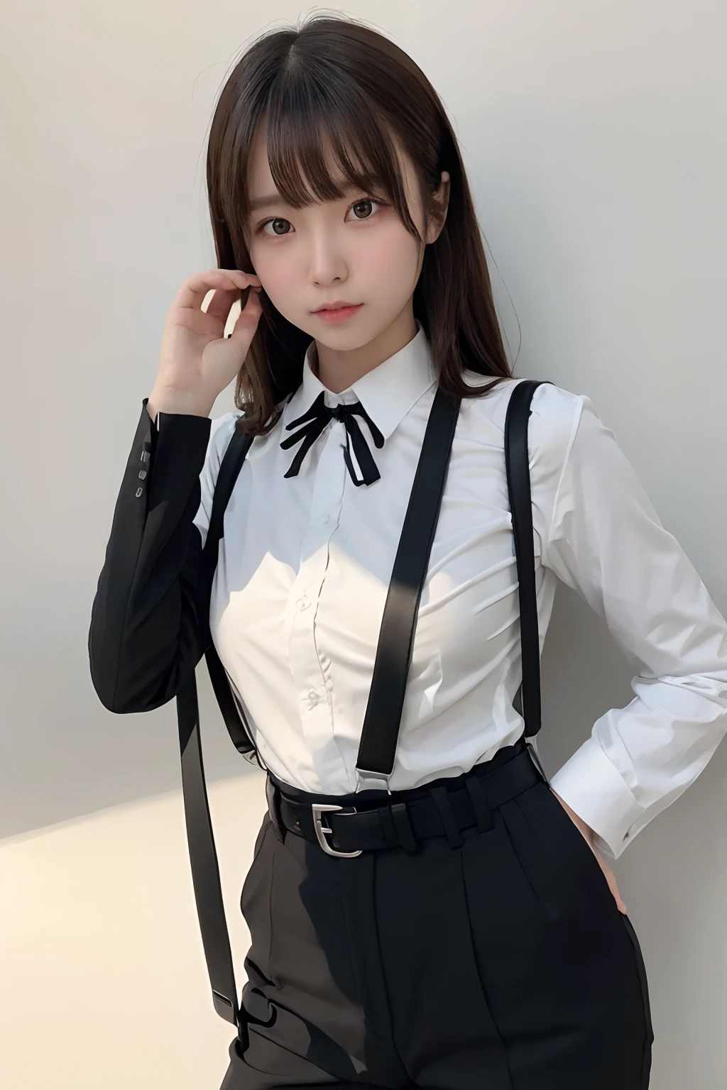 masterpiece、flat-colors、depth of fields、lens flare 1 girl、、Brown hair、watching at viewers a belt black suspenders Social OL huge-breasted Armpit sweat perspiring Side of both hands walls: Black Suit Black pants, Black jacket holster arm Leg holster arm Knife Carrying arma Gaze No tie tiarra No bangs Small face