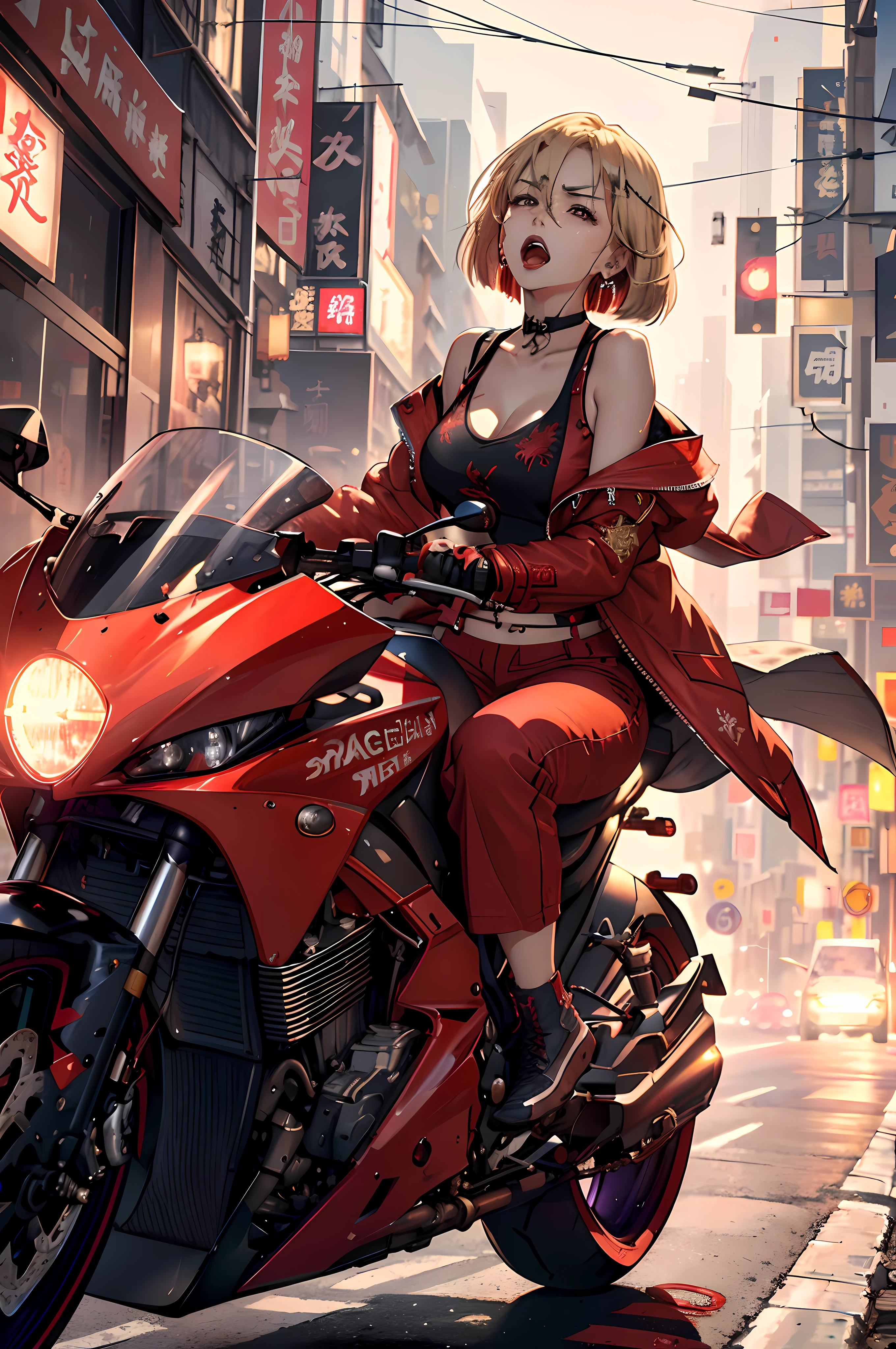 (master piece:1.4),ultra-quality, Hyper Detailed,Perfect drawing,3D Photography,16K illustrations、(((clearface)))、((Hi-Res))、1 persons、femele、(((Riding a motorcycle)))、(((Willy Driving)))、(((a blond)))、(((a short bob))),The tattoo、(((Whitening skin)))、((Violet lipstick))、(Raised corners of the eyes)、((Outrage:1.1))、((chin raised))、(((opens his eyes wide)))、((despise:1.2)),((glares:1.2))、((Big open mouth:1.2))、(((Shout loud:1.3)))、((Wrinkles between the eyebrows))、(numerous piercings in the ears), BREAK (Red Theme:1.5), ((Red Outerwear, Oversized red pants, Red baggy pants): 1.4), (She wears a long red coat with dragon embroidery over a black tank top:1.5), ((cleavage, 鎖骨) :1.2), ((Navel, ankle):1.3), (Pump 1.2), (earrings:1.2), (Chinese charactersa, Chinese charactersa:1.2),((Old Style Motorcycle:1.3)),((intersection)),((intersection))(((nocturnal)))、(Night)、in a street、(neon signs)、Bustling street、Slip sign、((Feeling of sprinting))、(((Dynamic Actions)))、Detailed drawing、((Sense of speed))