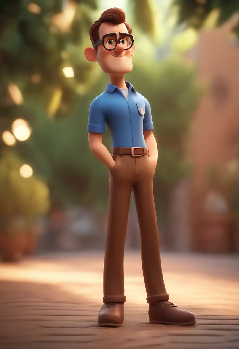 Cartoon character of a man wearing black glasses and a blue shirt, um personagem animado, Caractere estilizado, animation style rendering, 3D estilizado, Arnold Maya render, 3 d render stylized, toon render keyshot, Personagem 3D, Personagem 3D, 3d rendering stylized, 3 d character render, personagem de desenho animado, Personagem de close up, Pose de personagem, (Estilo Pixar) (master part:1.2) (Bokeh) (best quality) (pele detalhada) (textura detalhada) (8k) (argila) (Cinematic lighting) (foco nítido,Senta e vaza a parte superior do corpo
