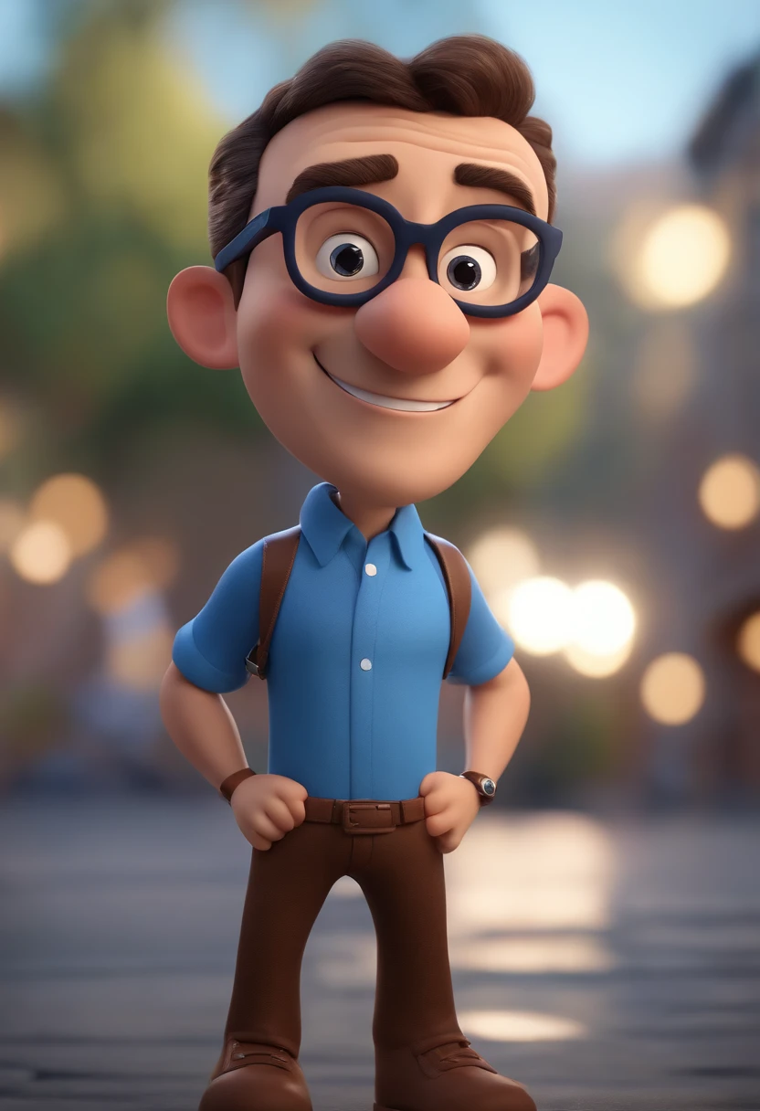 Cartoon character of a man wearing black glasses and a blue shirt, um personagem animado, Caractere estilizado, animation style rendering, 3D estilizado, Arnold Maya render, 3 d render stylized, toon render keyshot, Personagem 3D, Personagem 3D, 3d rendering stylized, 3 d character render, personagem de desenho animado, Personagem de close up, Pose de personagem, (Estilo Pixar) (master part:1.2) (Bokeh) (best quality) (pele detalhada) (textura detalhada) (8k) (argila) (Cinematic lighting) (foco nítido,Senta e vaza a parte superior do corpo