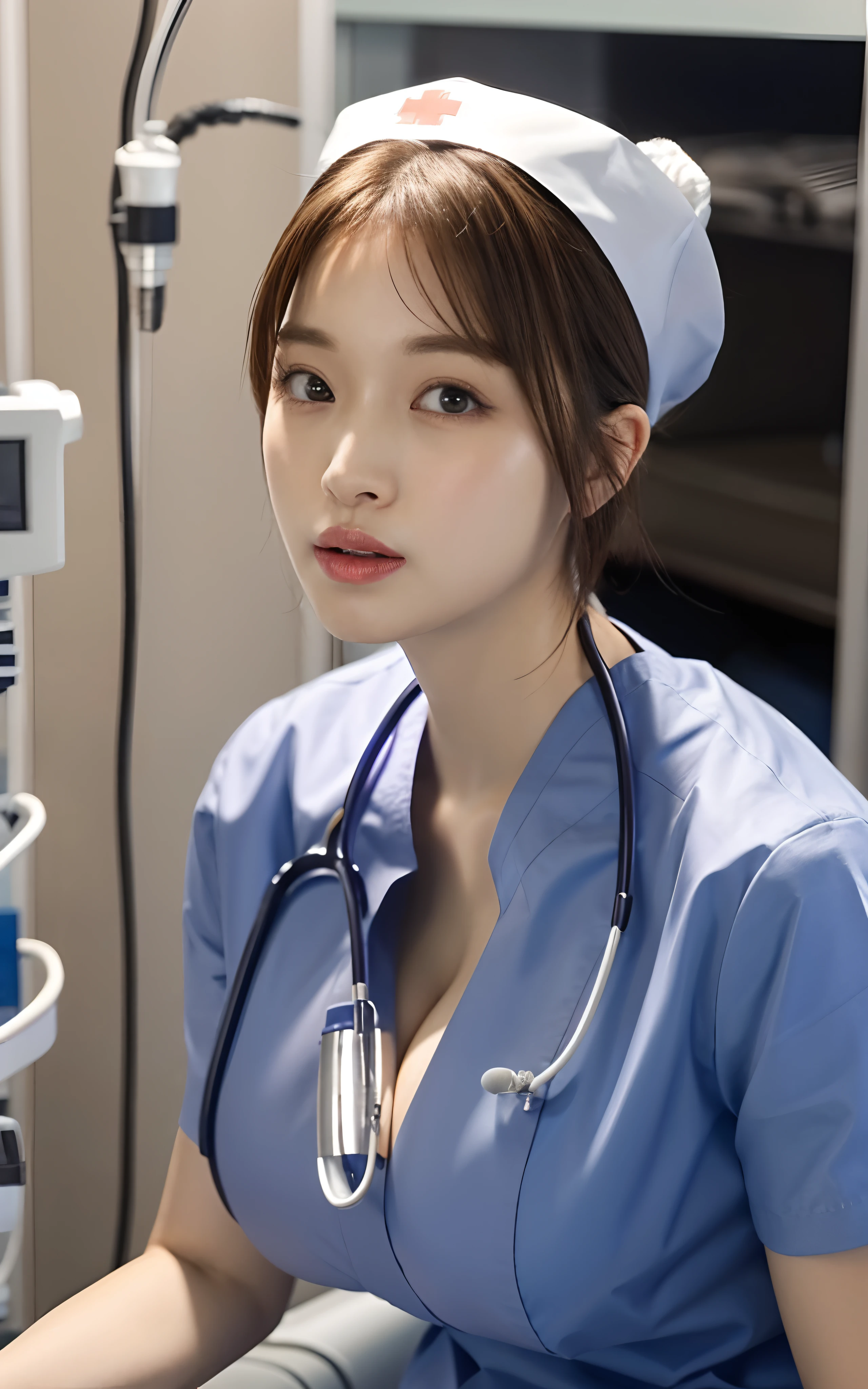 Highly detailed CG Unity 8k wallpaper, With the highest quality, super detailed, ​master piece, Realistic, photos realistic, extremely detailed cute girl, 25 years old, ((Nurse)) ,  blush , Round eyes, medium breasts, chubby, looking viewer, Cowboy Shot , (Intensive care unit) ,Slouched, cleavage , Short hair