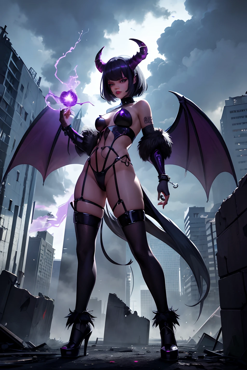 Rihanna hyper-giant, Hyper-powerful demon with two demon horns on his head and demon wings, Purple lightning fire on a building and shatters buildings , ville en ruine post apocalyptique,