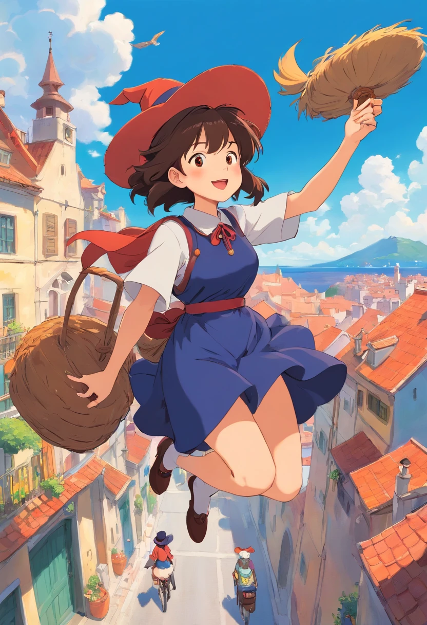 Witch Delivery Service,Girl on a broom flying in the sky，Playing with your phone in your hand,Ghibli style,Background of living in Croatia