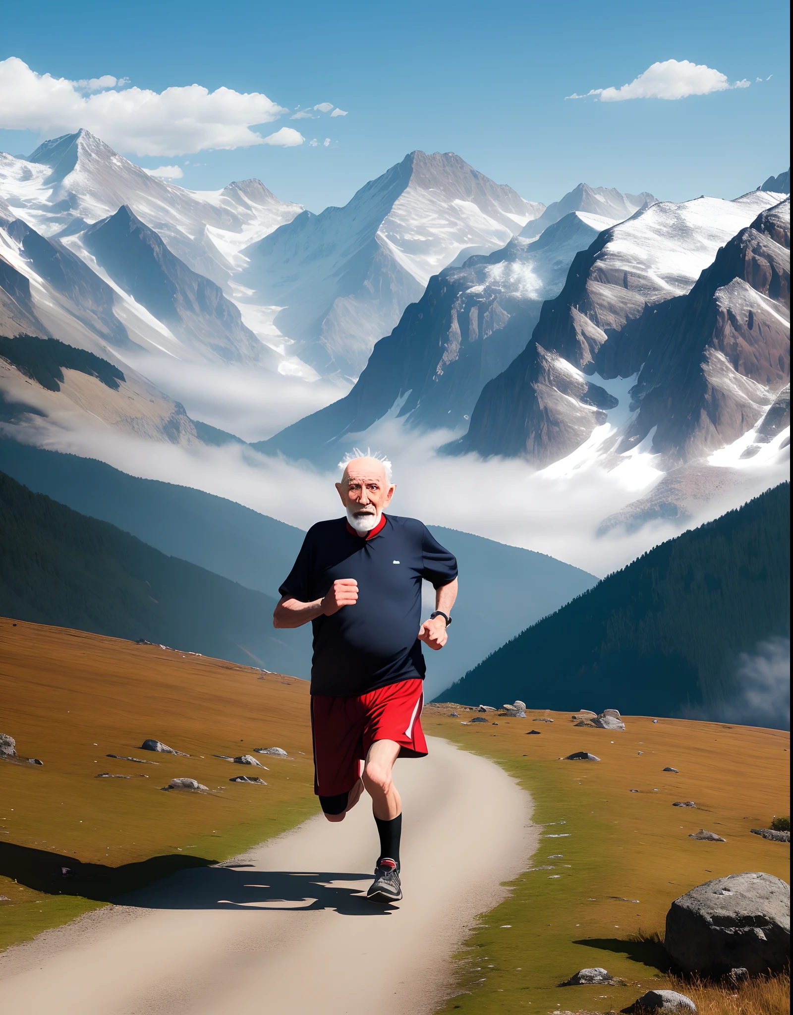 An old man running through the mountains