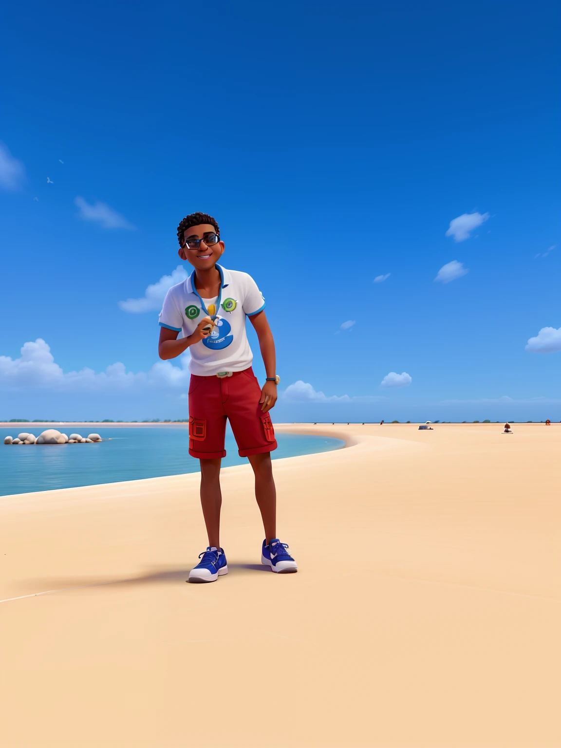 "(best quality,ultra-detalhado,Realistic:1.37),3D rendering,illustration,design de personagens,cabelos curtos e cacheados escuros,belos olhos detalhados,wearing white glasses,Estilo Pixar,moreno homem africano ,Dancing on the Disney stage,atmosfera animada,vivid colors,luzes de palco,expression joyful"
