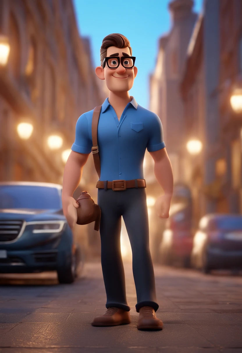 Cartoon character of a man wearing black glasses and a blue shirt, um personagem animado, Caractere estilizado, animation style rendering, 3D estilizado, Arnold Maya render, 3 d render stylized, toon render keyshot, Personagem 3D, Personagem 3D, 3d rendering stylized, 3 d character render, personagem de desenho animado, Personagem de close up, Pose de personagem, (Estilo Pixar) (master part:1.2) (Bokeh) (best quality) (pele detalhada) (textura detalhada) (8k) (argila) (Cinematic lighting) (foco nítido，Senta e vaza a parte superior do corpo