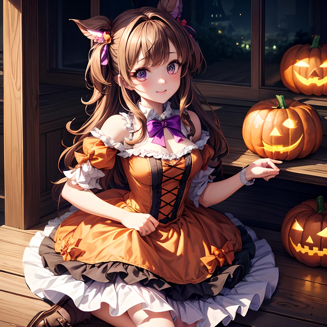 Masterpiece, best quality, (very detailed CG unity 8k wallpaper) (best quality), (best illustration), (best shadows) girl with brown hair, halloween, halloween vibe, pripara looks like, cute, costume, super detailed pripara vibe --v6