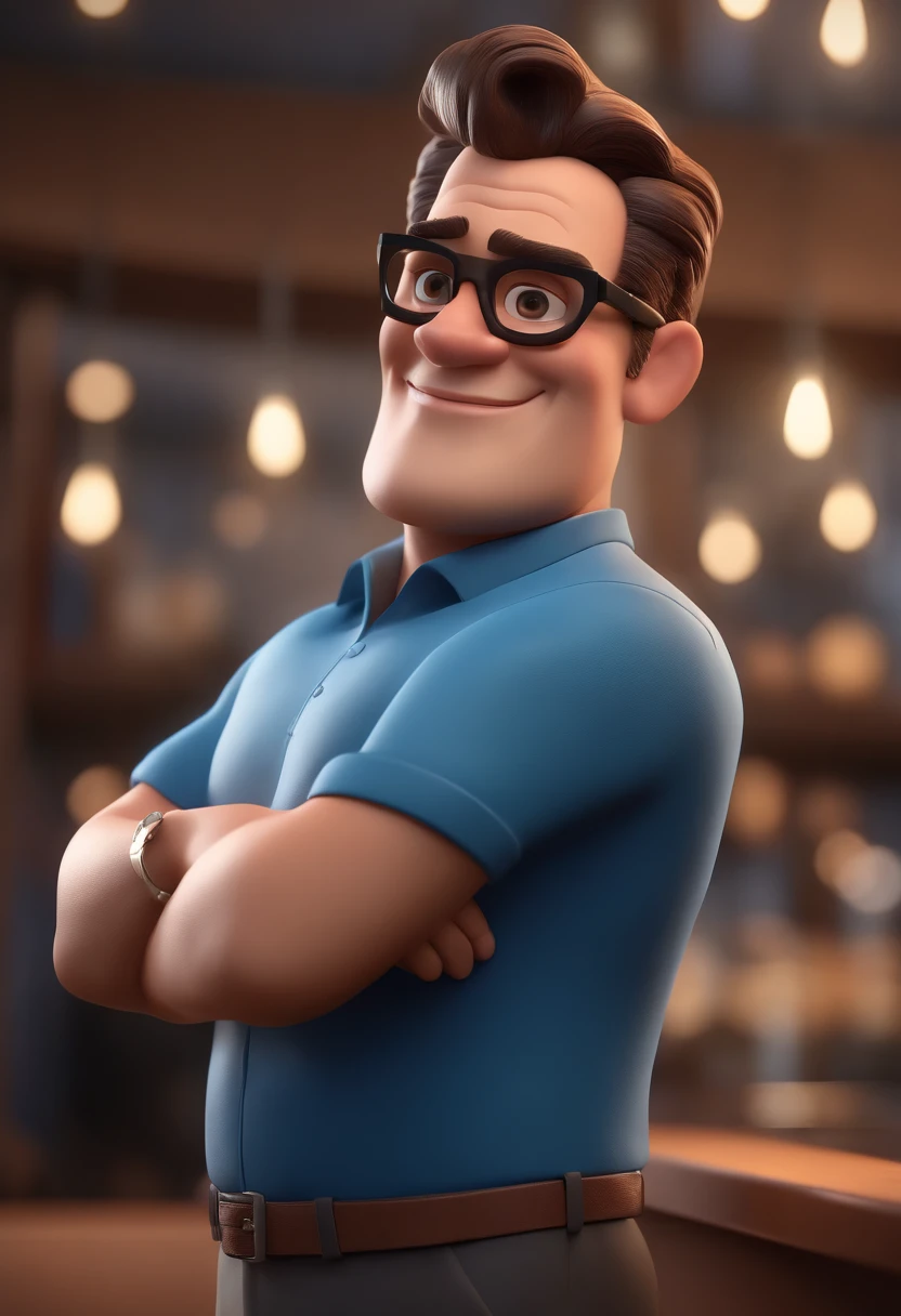 Cartoon character of a man with black glasses and a blue shirt, animation character, Caractere estilizado, animation style rendering, 3D estilizado, Arnold Maya render, 3 d render stylized, toon render keyshot, Personagem 3D, Personagem 3D, 3d rendering stylized, 3 d character render, personagem de desenho animado, Personagem de close up, Pose de personagem, (Estilo Pixar) (master part:1.2) (Bokeh) (best quality) (pele detalhada) (textura detalhada) (8k) (argila) (Cinematic lighting) (foco nítido