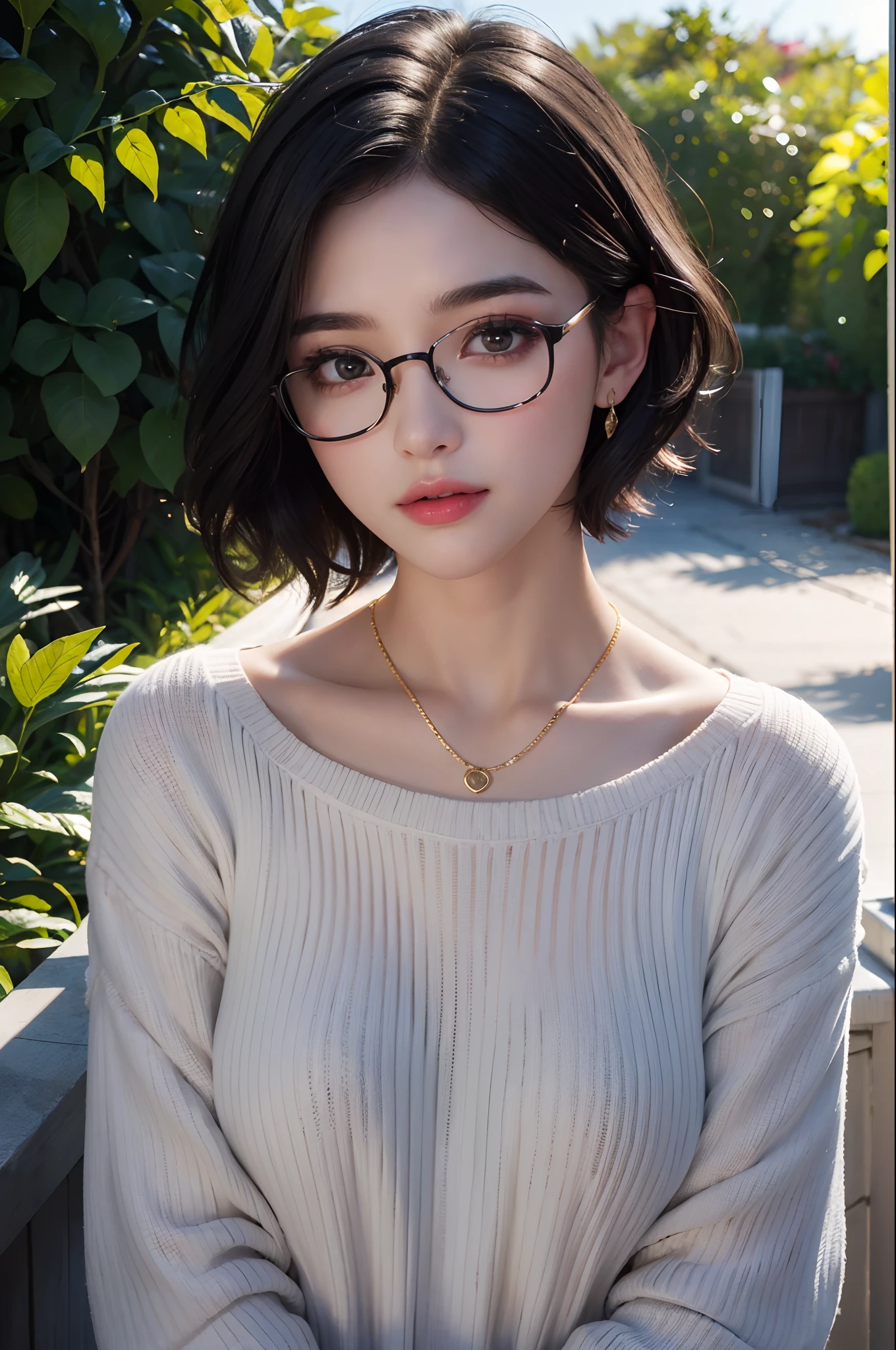 (Masterpiece:1.3), (8K, Photorealistic, RAW photo, Best quality: 1.4), (1girll), Beautiful face, (Realistic face), (Black hair, Short hair:1.3), Glasses, Beautiful hairstyle, Realistic eyes, Beautiful detailed eyes, (Realistic skin), Beautiful skin, (Sweater), absurderes, Attractive, 超高分辨率, Ultra photo realsisim, Highly detailed, Golden ratio,((Harnes))