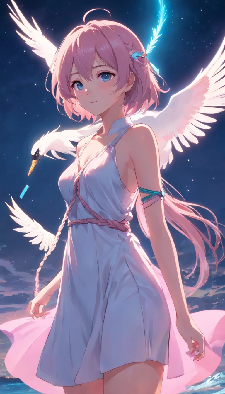 (best qualtiy,tmasterpiece), (White body),Beautiful age girl, Beautiful Priestess Woman, Sexy Priestess, spade, White Crane, right hand, long to, floating dress, slender legs silver hair, Press the bar,Braided headband, Beautiful Hair Accessories, Detailed scene, the night, starrysky, cold light, Take the key, (in pink, white colors, cyan colors), ((Side Body)), ((The upper part of the body)), ((Realistic))