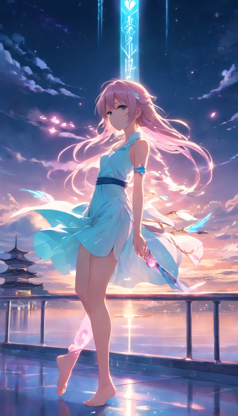 (best qualtiy,tmasterpiece), (White body),Beautiful teenage girl, Beautiful Priestess Woman, Sexy Priestess, spade, White Crane, right hand, long to, floating dress, slender legs silver hair, Press the bar,Braided headband, Beautiful Hair Accessories, Detailed scene, the night, starrysky, cold light, Take the key, (in pink, white colors, cyan colors), ((Side Body)), ((The upper part of the body)), ((Realistic))