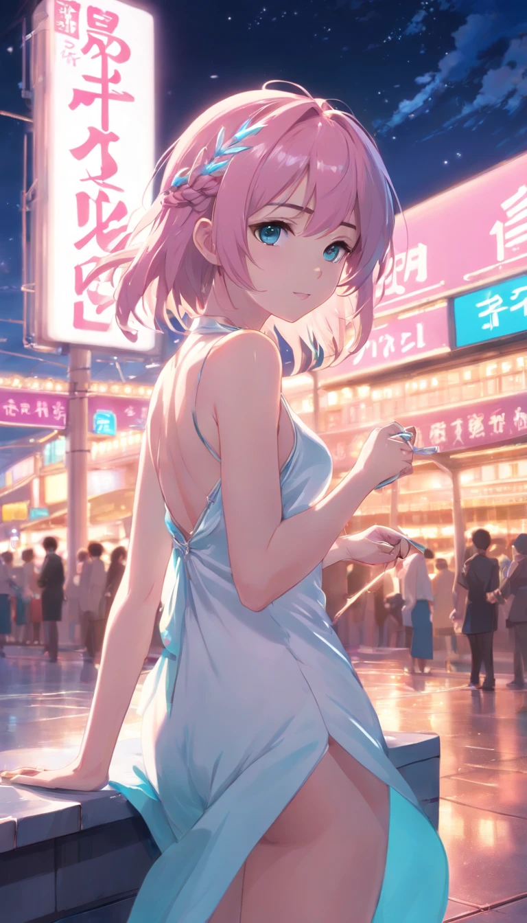 (best qualtiy,tmasterpiece), (White body),Beautiful age girl, Beautiful Priestess Woman, Sexy Priestess, spade, White Crane, right hand, long to, floating dress, slender legs silver hair, Press the bar,Braided headband, Beautiful Hair Accessories, Detailed scene, the night, starrysky, cold light, Take the key, (in pink, white colors, cyan colors), ((Side Body)), ((The upper part of the body)), ((Realistic))