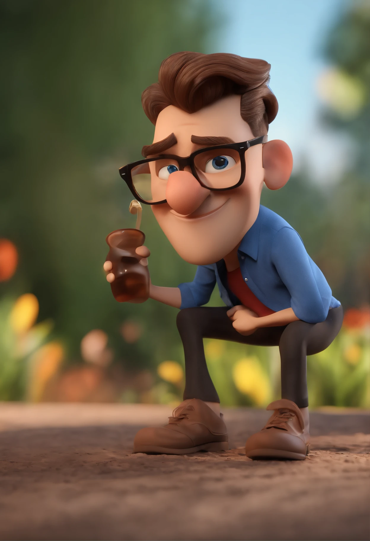 Cartoon character of a man wearing black glasses and a blue shirt, um personagem animado, Caractere estilizado, animation style rendering, 3D estilizado, Arnold Maya render, 3 d render stylized, toon render keyshot, Personagem 3D, Personagem 3D, 3d rendering stylized, 3 d character render, personagem de desenho animado, Personagem de close up, Pose de personagem, (Estilo Pixar) (master part:1.2) (Bokeh) (best quality) (pele detalhada) (textura detalhada) (8k) (argila) (Cinematic lighting) (foco nítido,Senta e vaza a parte superior do corpo