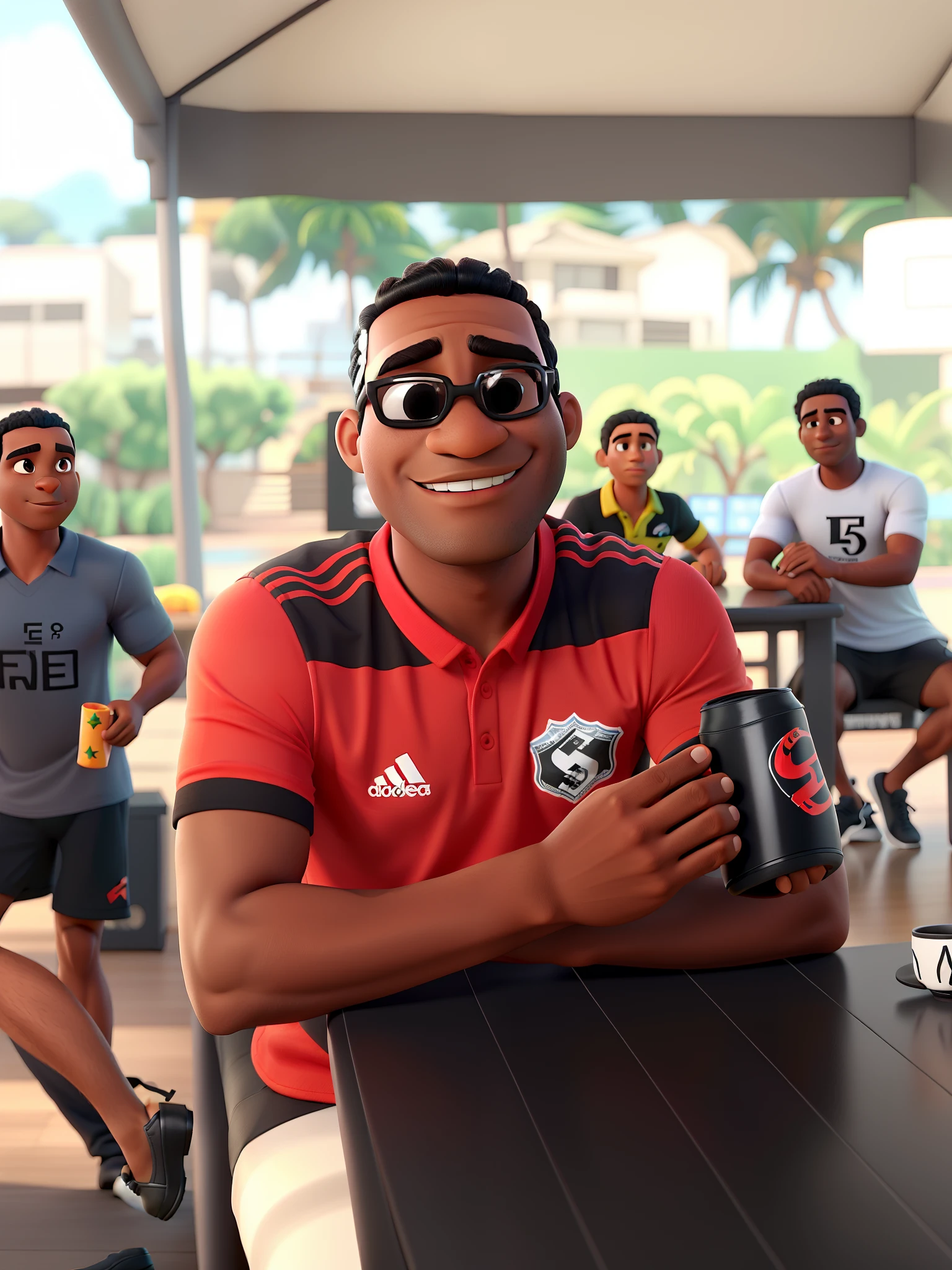 Um homem negro com a camisa do flamengo, segurando uma caneca do flamengo,estilo disney pixar, alta qualidade, melhor qualidade.
