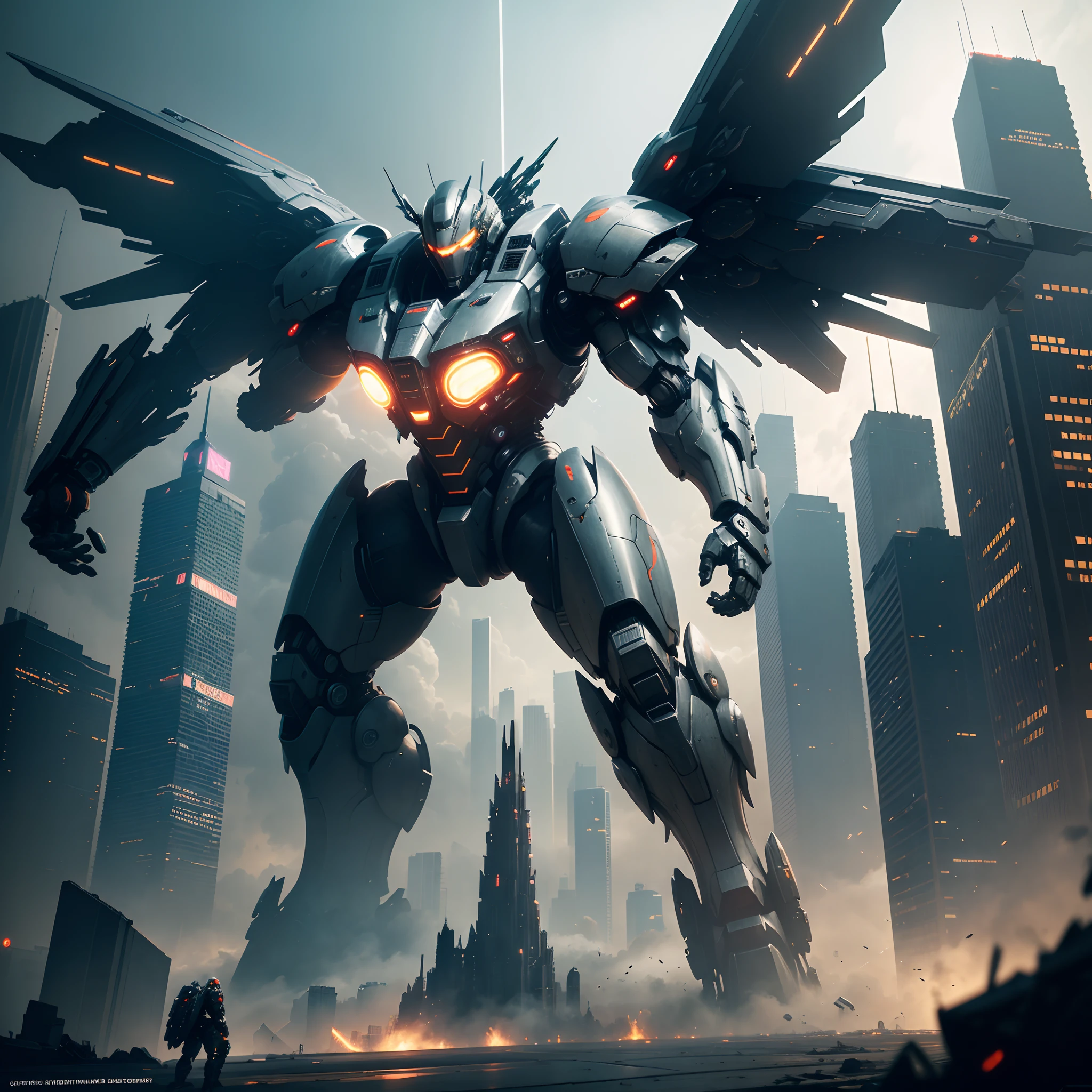 Best Quality, 4K, hight resolution, masutepiece:1.2), Angel wings growing from a giant robot towering over the city, Cyberpunk, futuristic metropolis, Beam saber, Pacific rim, Science Fiction Art, Ultra-detailed, vibrant neon lights, cybernetic enhancements, towering skyscrapers, advanced technique, Sleek metallic exterior, Dynamic action, Dystopian atmosphere, Immersive world-building, Mecha Combat, Breathtaking visual effects, Dark and gritty aesthetic, Symbiosis between humans and machines, Overwhelming power and scale, Cityscape bathed in artificial light, epic battle scene, Monumental impact, Awe-inspiring grandeur, Stunning Digital Illustration