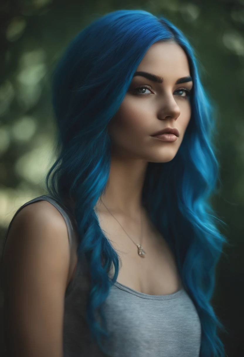 Realistic face of a girl with blue hair, Without a smile