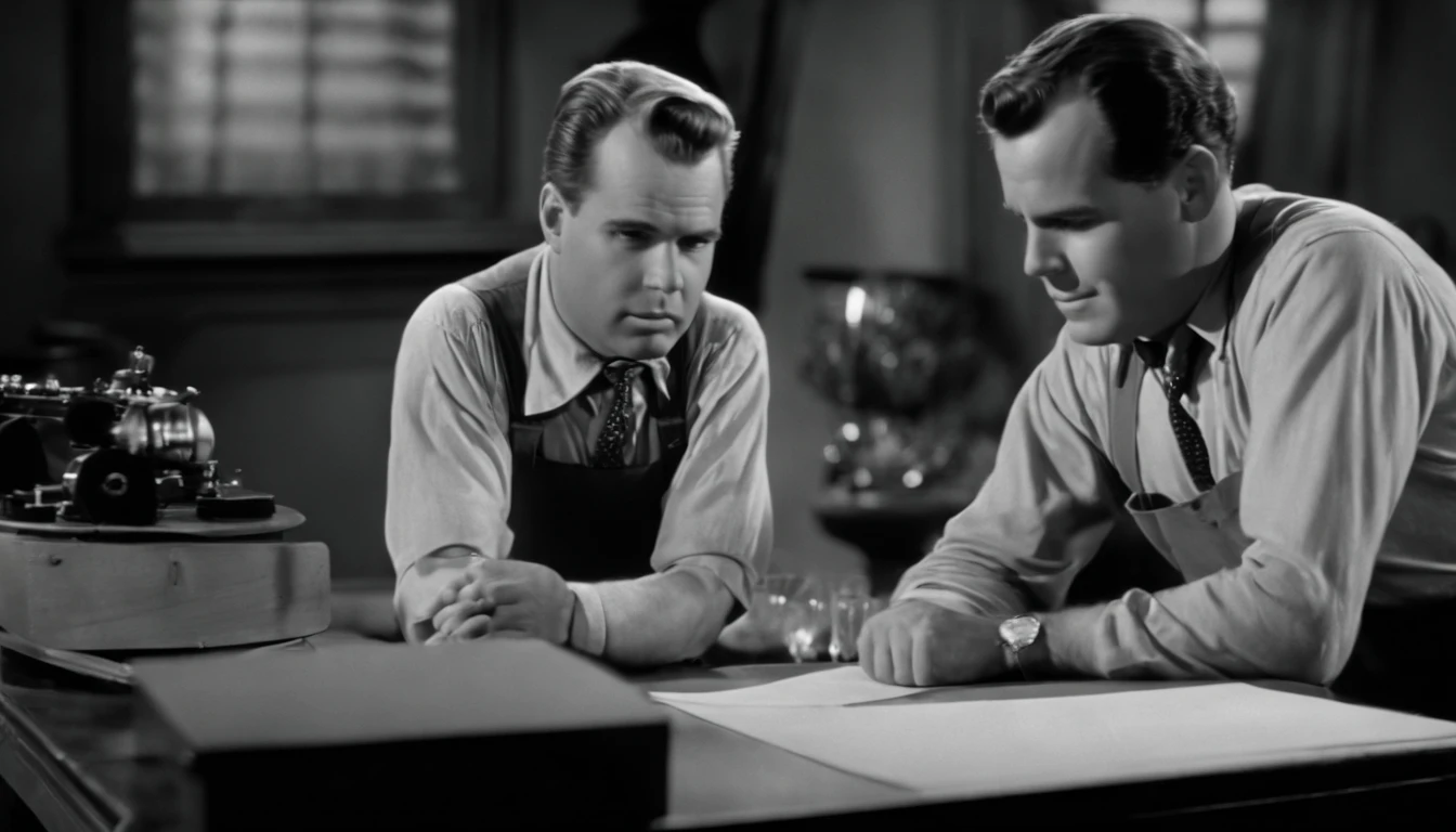 Black and white portrait of young William Hanna and Joseph Barbera working together at an animation table in the 1940s, photographic style