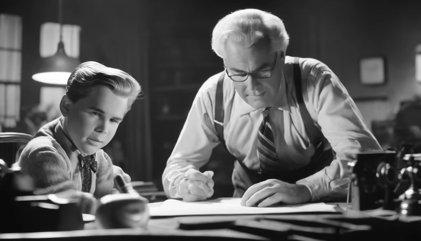 Black and white portrait of young William Hanna and Joseph Barbera working together at an animation table in the 1940s, photographic style