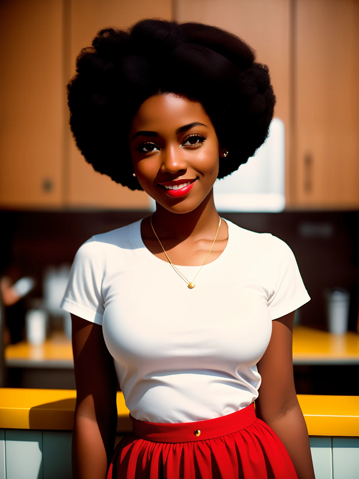 a waitress, pinup, dark skin, afro, art style, kodak portra 400, cinematic, (smiling:0.6), (closeup:0.8)