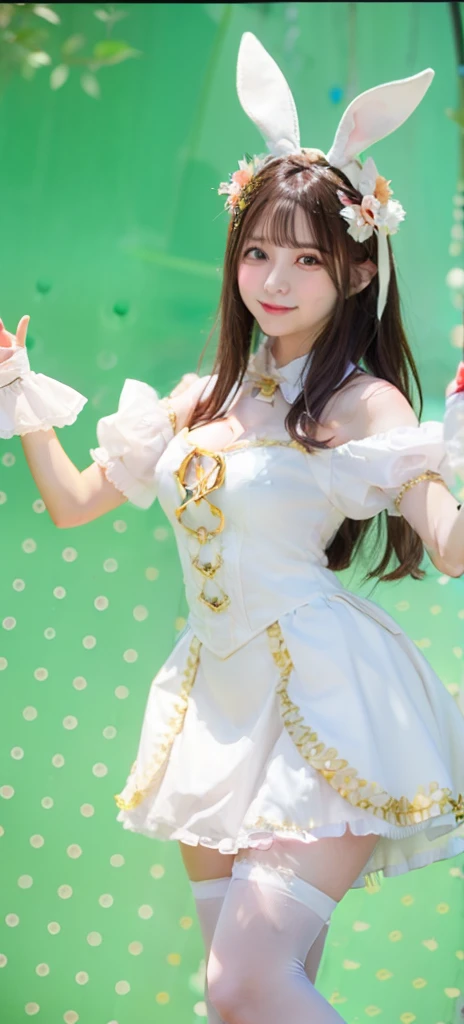 Female idol in fairytale costume、large full breasts、beautiful foot、、、Good Style、bunny ear、frilled miniskirt、White and gold costume