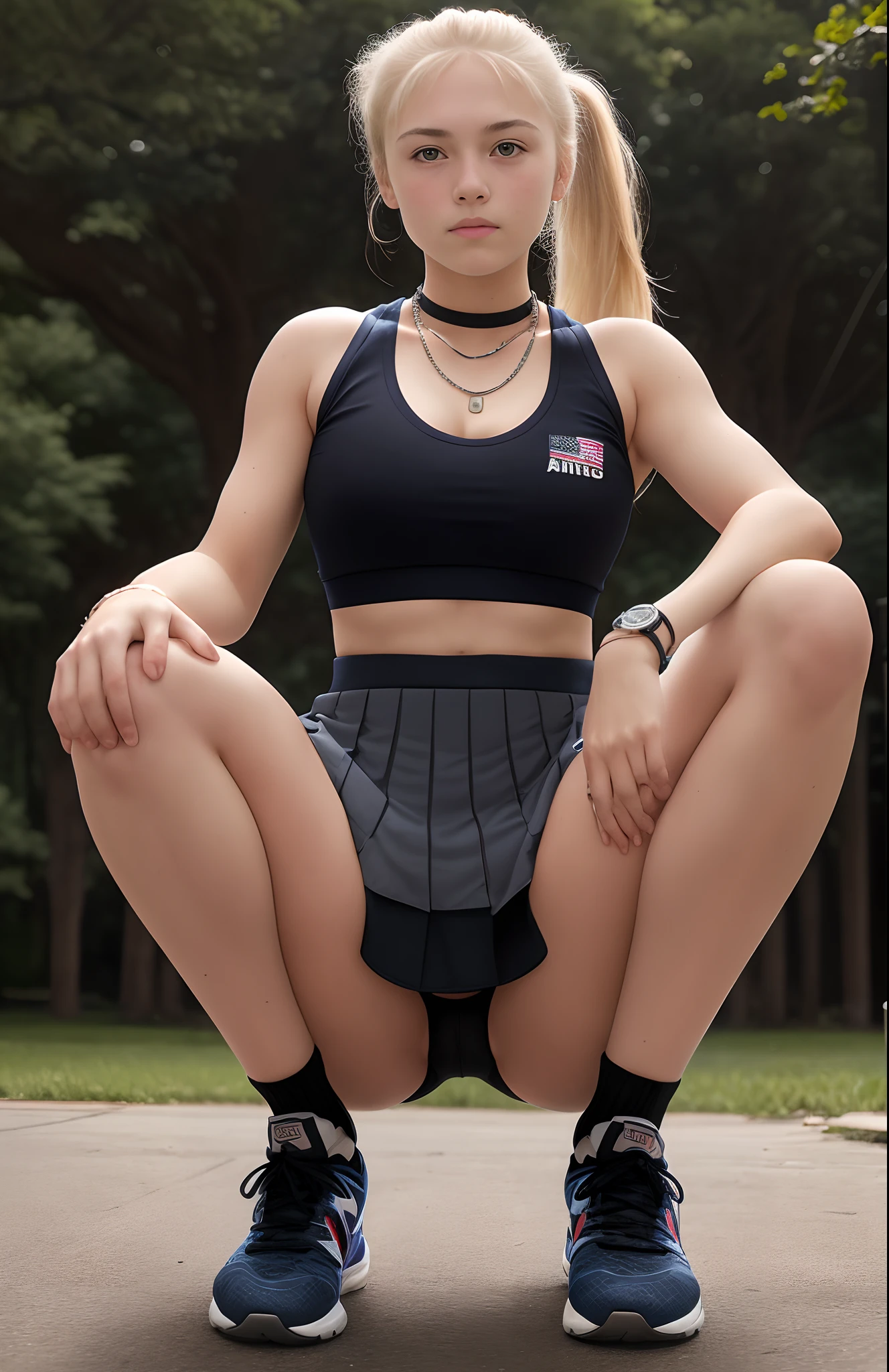 American girl, , blonde hair, blue pupils, young face, sports vest, low neckline, (miniskirt), squat, body back, hands on the ground, open legs, facing the camera, female , necklace, black bracelet, high ponytail, park