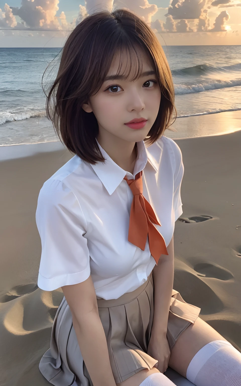 close up , ((From below)), of the highest quality, masterpiece, 16 K, Photorealistic, Concept art, Beautiful girl sitting on the beach , Beautiful face, Beautiful medium bob hair in light brown, beautiful light brown eyes, Plump breasts, look at viewr, blush, High School Uniform, White blouse, pleatedskirt, Black socks, Sunset Sea Shore, Orange sky, Beautiful clouds,