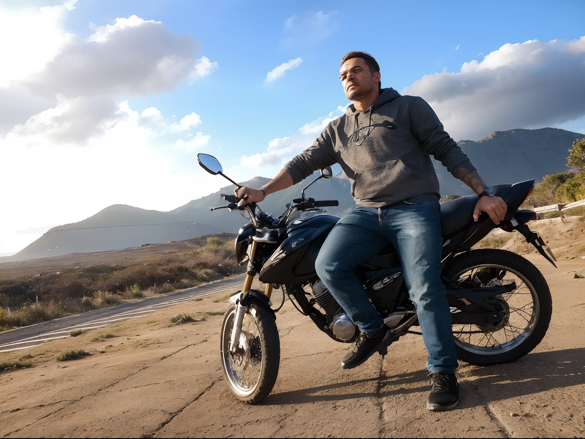 personagem dos desenhos um jovem com moletom em cima de uma moto na frente de uma paisagem muito linda na natureza, animation character, Caractere estilizado, animation style rendering, 3D estilizado, Arnold Maya render, 3 d render stylized, toon render keyshot, Personagem 3D, Personagem 3D, 3d rendering stylized, 3 d character render, personagem de desenho animado, Personagem de close up, Pose de personagem, (Estilo Pixar) (master part:1.2) (Bokeh) (best quality) (pele detalhada) (textura detalhada) (8k) (argila) (Cinematic lighting) (foco nítido