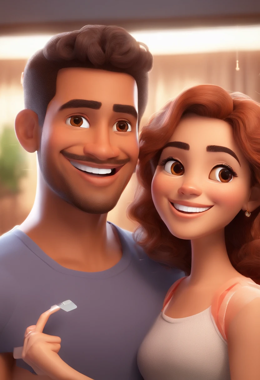 An illustration of an adorable couple, Highlight for a smiling mulatto man and a white woman with beautiful expressive eyes - the man's skin is mulatto and the man's hair is straight, the woman's skin is white and the woman's hair is straight and brown. They are a bright room, cada um com um sorriso no rosto, e compartilhar um momento especial caracterizado pelo amor, Insights. Illustrate this scene from a perspective where they are facing the camera, Smiling and Showing Your Connection. Desenvolva esta arte em Full HD, Focus on your cinematic touch, Estilo Disney Pixar Animations