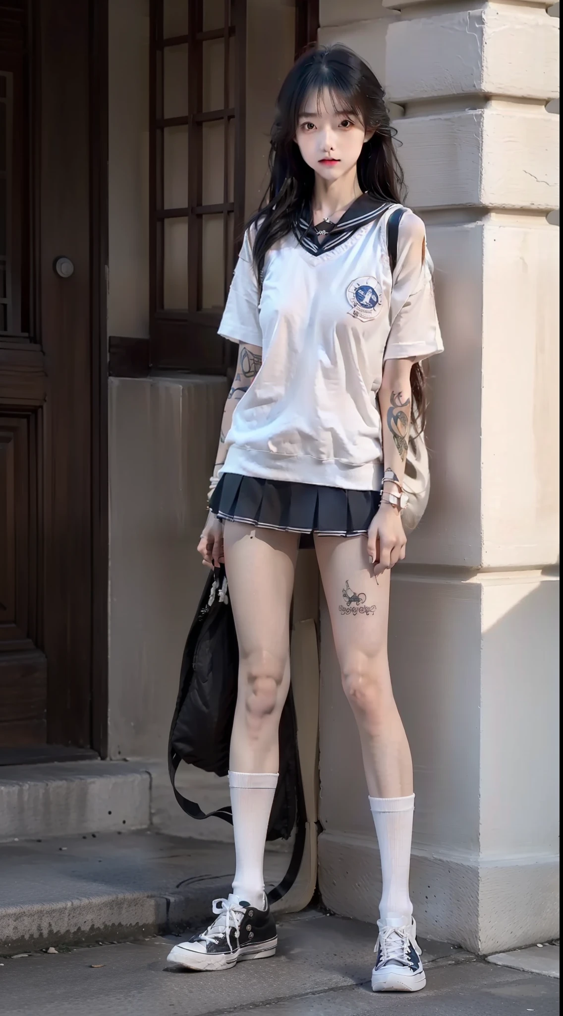 Woman showing her genitals on the street，wears glasses，Vaginal exposure，Vaginal tattoos，Love tattoos，Pregnant potbelly，Snow-white hair，Exposed sexual organs