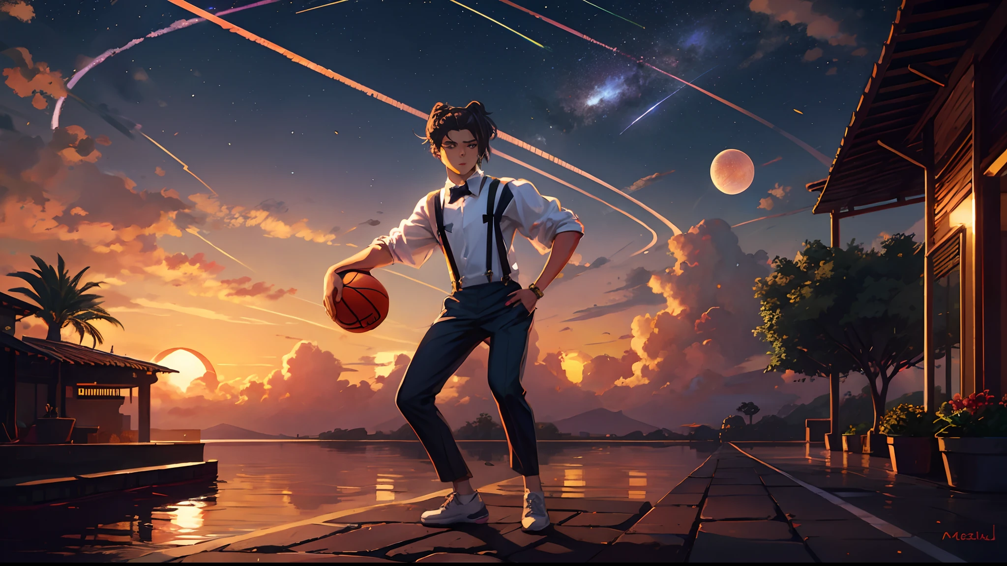 the sunset，eventide，middle parted hairstyle，Suspenders，holding a basketball in his right hand，meteors（Swipe left），styled（Your name），A small lychee tree in the back