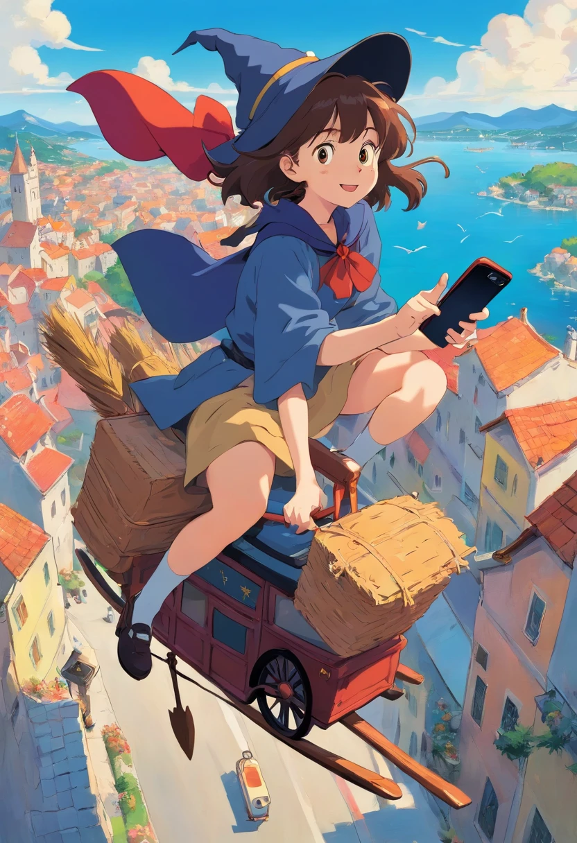 Witch Delivery Service,Girl on a broomstick playing with mobile phone in the sky,Ghibli style,Background of living in Croatia