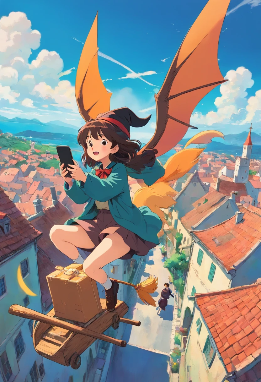 Witch Delivery Service,Girl on a broomstick playing with mobile phone in the sky,Ghibli style,Background of living in Croatia