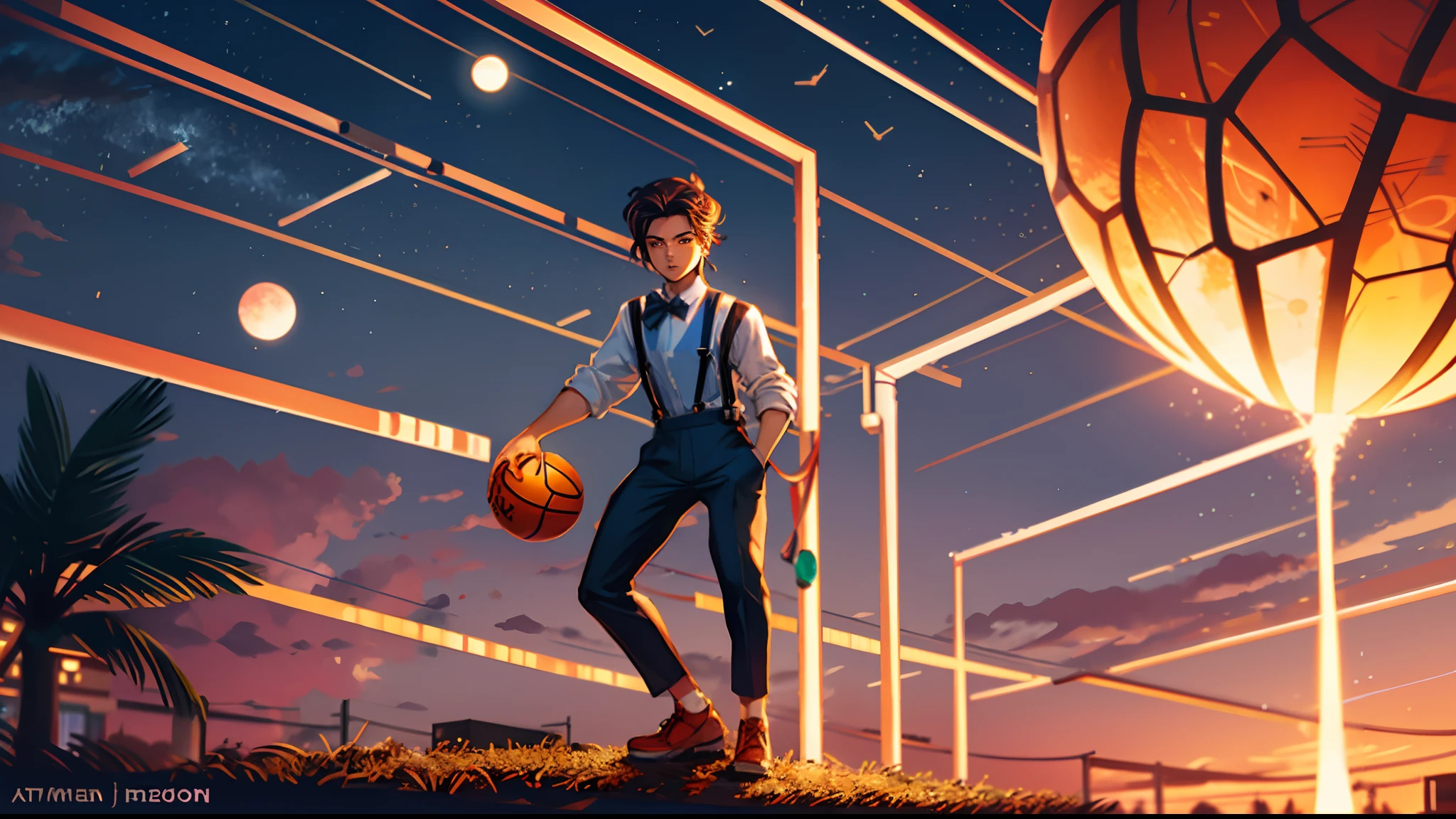 the sunset,eventide,middle parted hairstyle,Suspenders,holding a basketball in his right hand,meteors(Swipe left),styled(Your name),A small lychee tree in the back