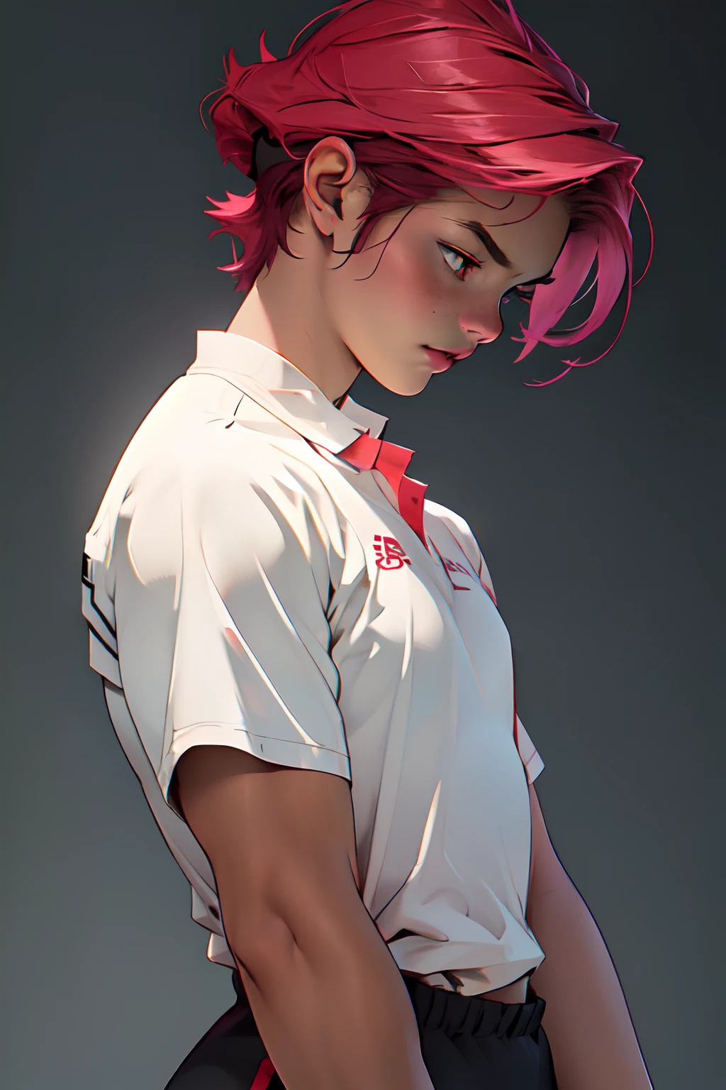 Masterpiece, best quality, high-res, extremely detailed, 1 girl 18 years old lookig very arrogant, in shape, fitness, ((female focus:1.3)), woman, tomboy, marimacho, red/black/pink, simple color background. upper body