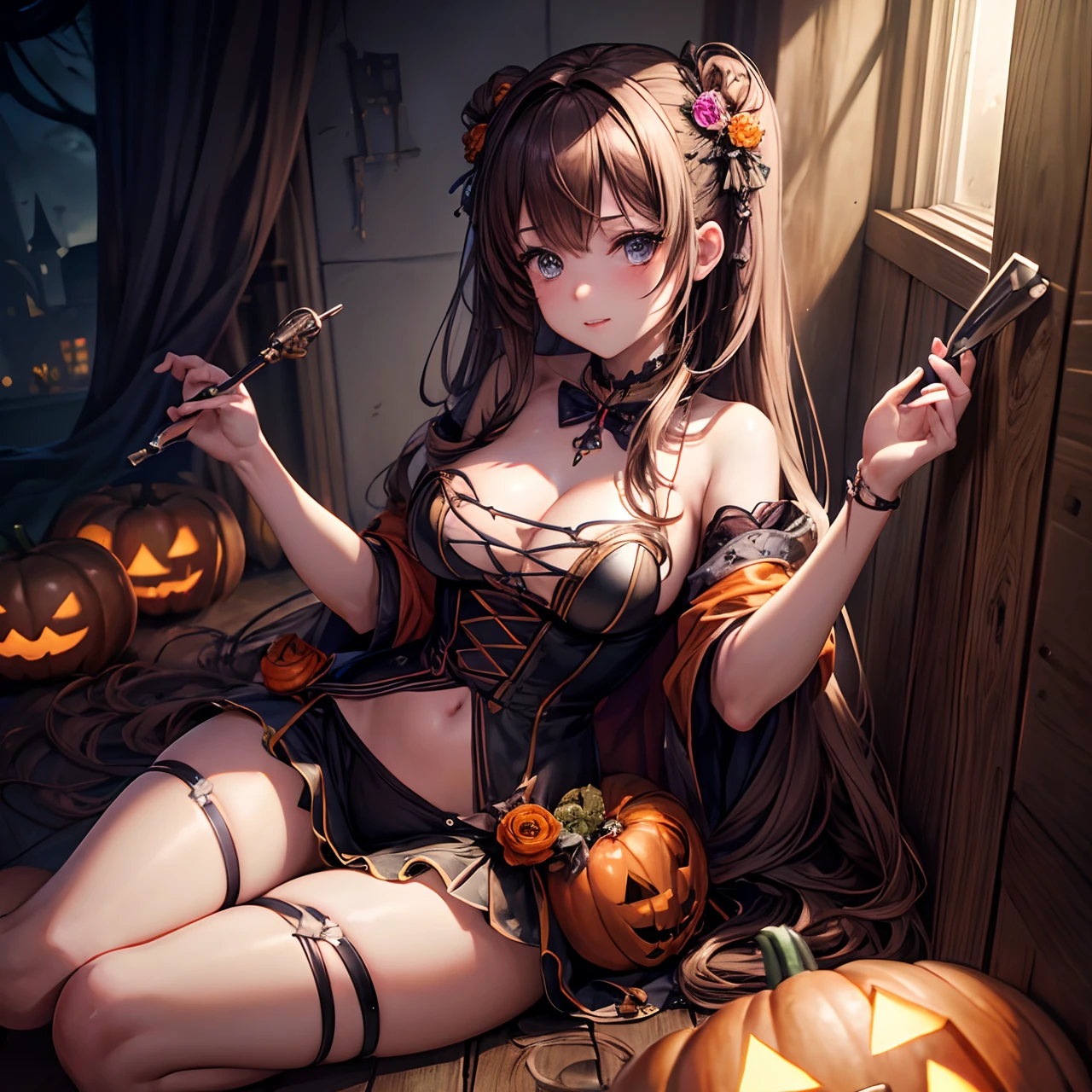Masterpiece, best quality, (very detailed CG unity 8k wallpaper) (best quality), (best illustration), (best shadows) girl with brown hair, halloween, halloween vibe, operation true love looks like, cute, costume, super detailed  operation true love vibe --v6