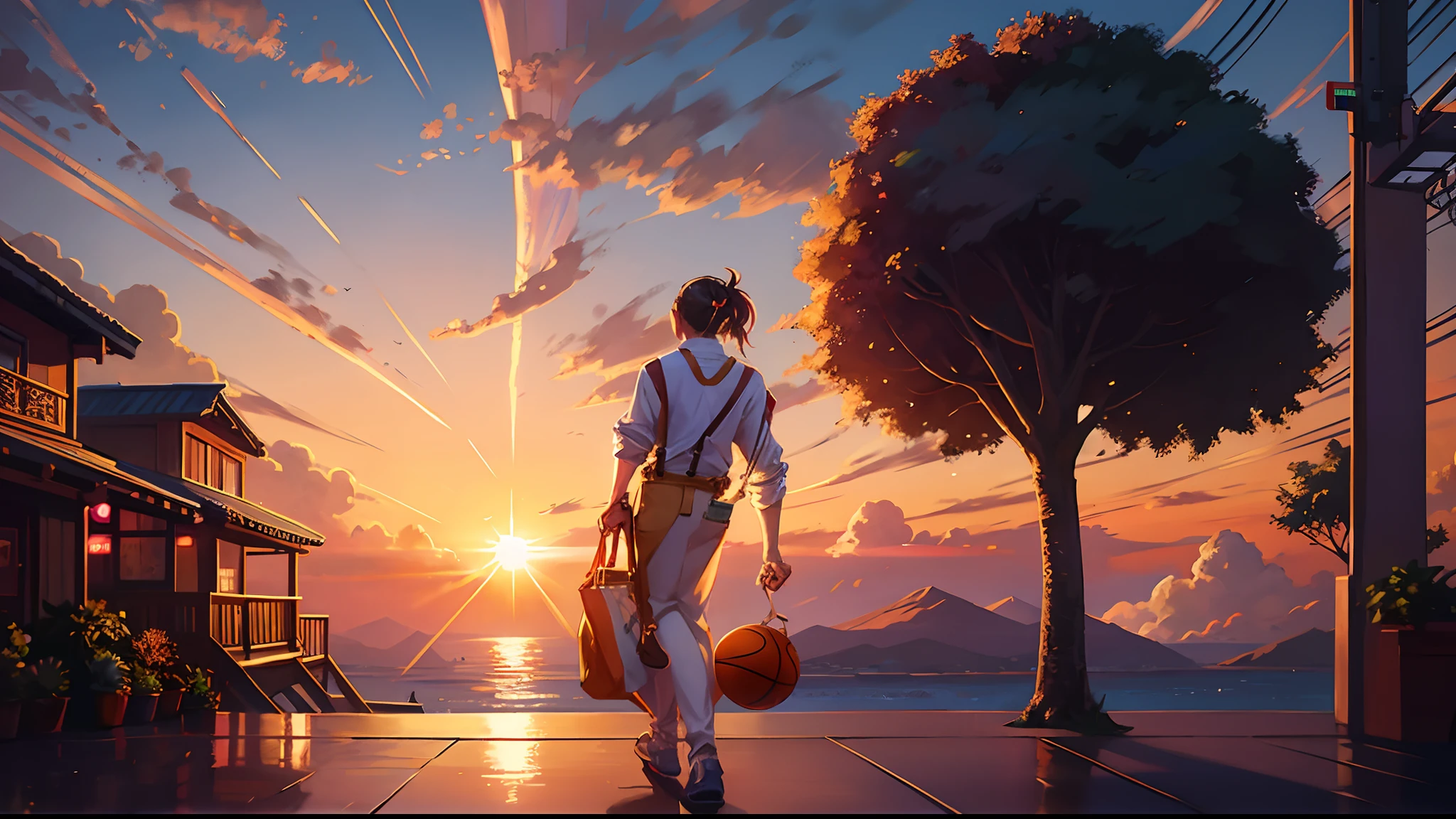 the sunset，eventide，middle parted hairstyle，Suspenders，Basketball in left hand，meteors（Swipe left），styled（Your name），A small lychee tree in the back