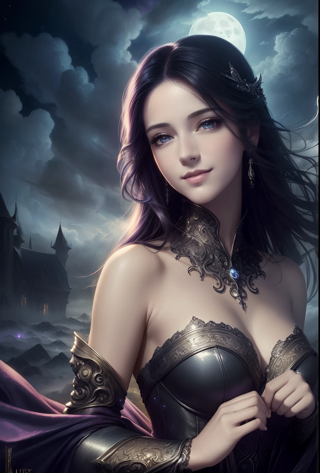 ((bestquality)), ((masterpiece)), (Detailed)), Ethereal beauty, (Fantasy Illustration: 1.3), Happy smile, Charming gaze, Lovely gestures., straight black hair, A beautiful purple dress shows off her shoulders. , Extraterrestrial charm, Mysterious Sky, (Luis Royo:1.2), moonlit night, soft colors, (Detail Clouds:1.3), (high-res:1.2)